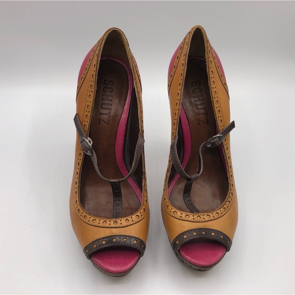 Schutz Tan Pink Leather Mary Jane T-Strap Peep Toe Stiletto Heels Women’s Size 6 - Picture 5 of 12